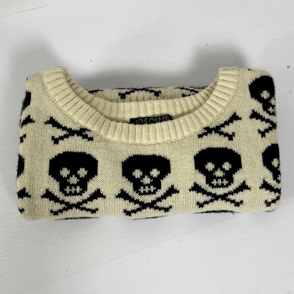 Love Culture Sweater Sz S/M Cream//Black Skull & Crossbones Pullover Emo Goth - Picture 2 of 6